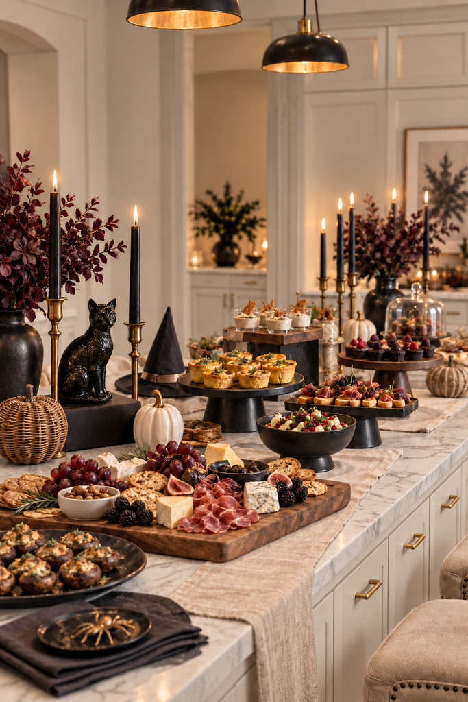 Elegant adult Halloween party food display with a charcuterie board, mini appetizers, neutral pumpkins, black candles and sophisticated decorations on a white marble kitchen island.