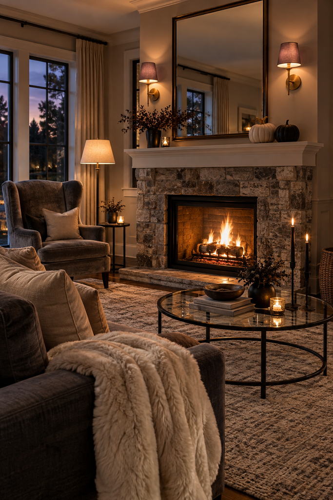 Warm grey living room with a stone fireplace, brass sconces, candlelight and subtle Halloween pumpkins creating a cozy evening atmosphere.