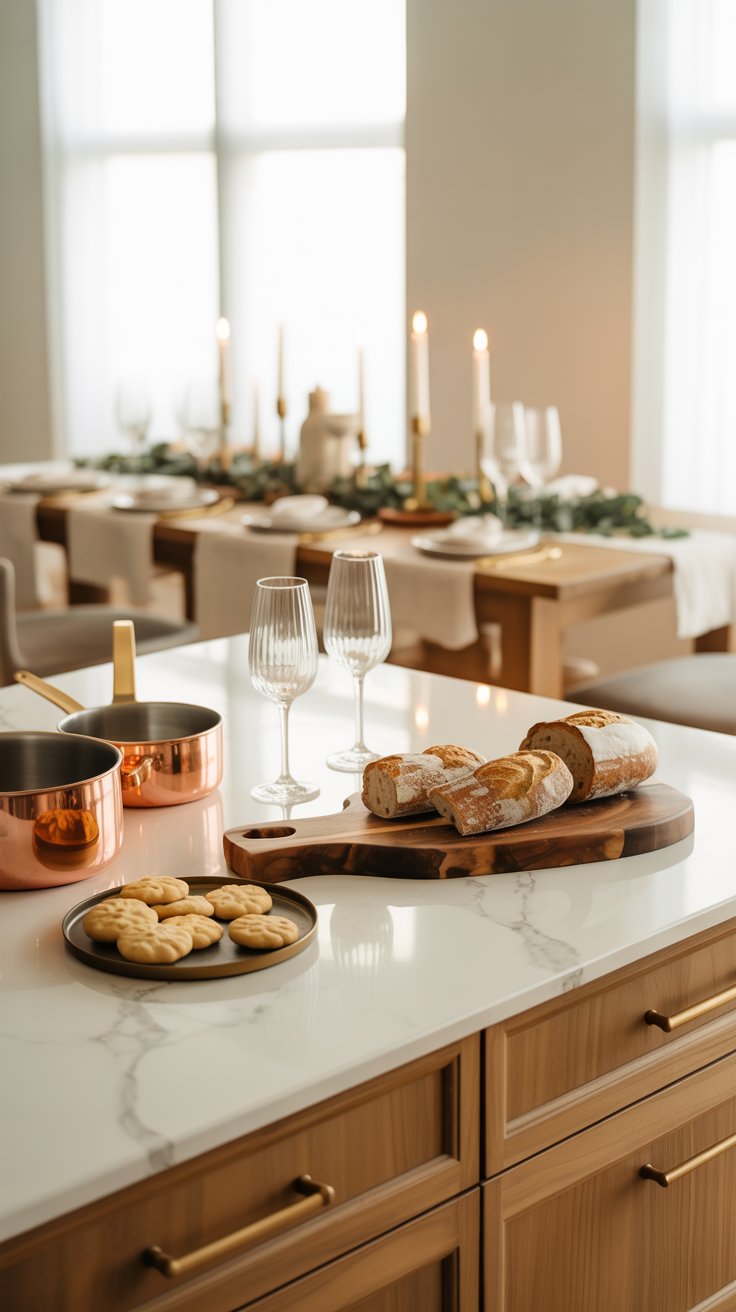 A beautifully styled modern kitchen scene with a cozy holiday feel