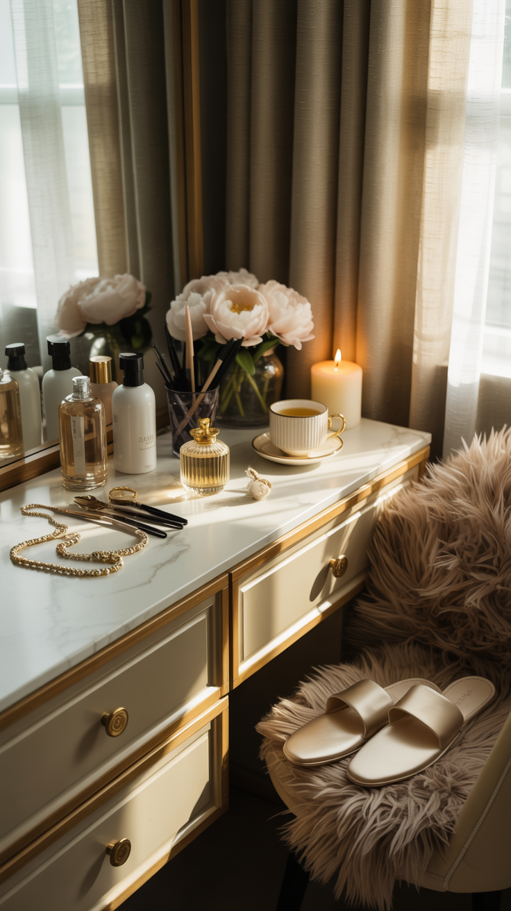A softly lit vanity or bedroom scene with modern neutral tones and cozy textures
