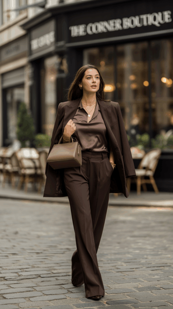 woman walking in the city all brown outfit and bag