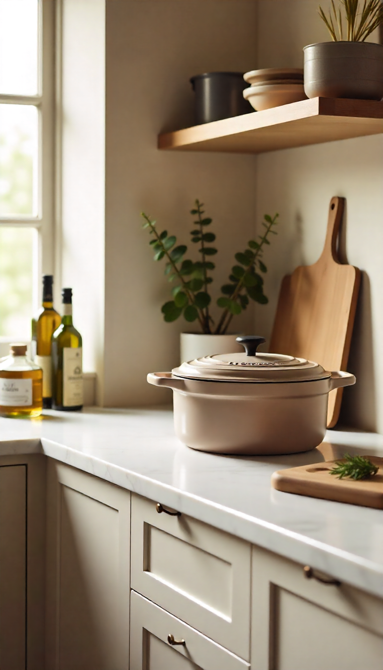 Elegant kitchen scene in warm neutral tones featuring high-end cookware and ingredients