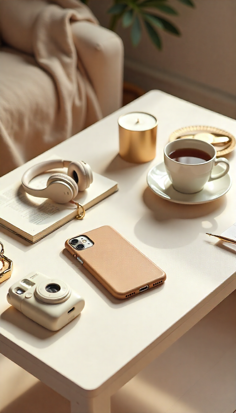Modern neutral lifestyle scene featuring elegant tech and self-care items styled on a soft beige desk or coffee table