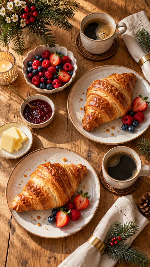 Croissants, fresh berries, jam, butter, and coffee arranged for two on a wooden table with festive greenery.