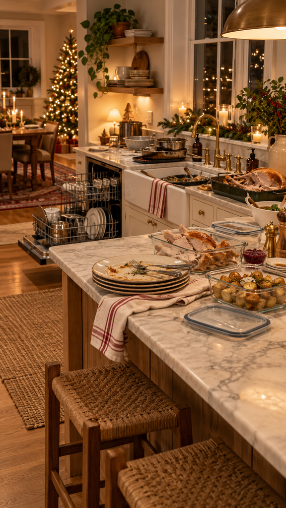 Christmas dinner dishes stacked on a kitchen island beside containers of leftover turkey and potatoes, with an open dishwasher nearby.