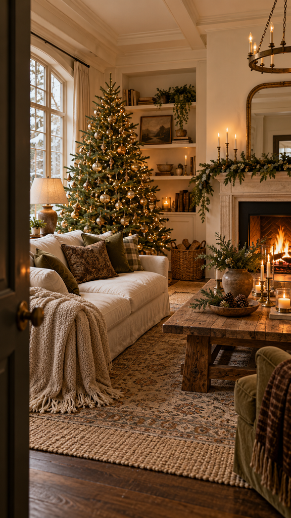 Warm neutral living room with a decorated Christmas tree, cream sofa, knitted throw, and glowing fireplace.