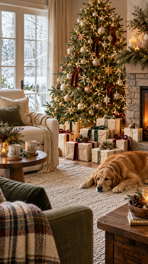 Golden retriever resting beside a Christmas tree decorated with gold ornaments and velvet bows, surrounded by wrapped gifts.