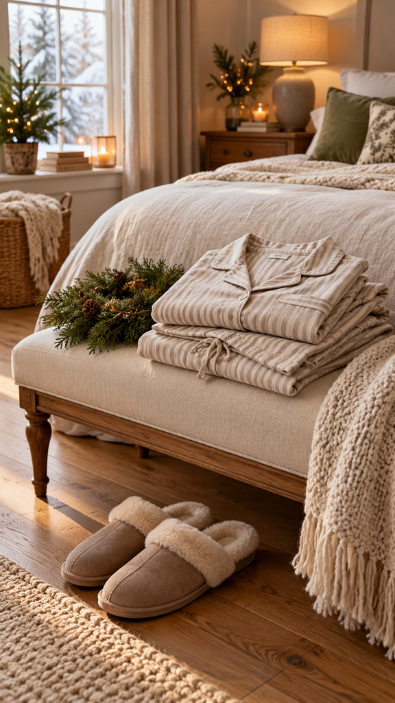 Neutral striped pajamas folded on a cream bedroom bench with fleece-lined slippers and Christmas greenery.