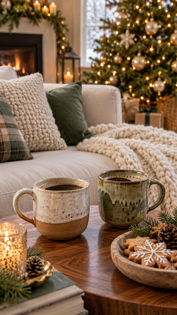 Two ceramic mugs of coffee beside Christmas cookies, a knitted throw, and a softly glowing Christmas tree.