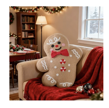 images of a stocking and garland hook, lighted branches and a gingerbread pillow