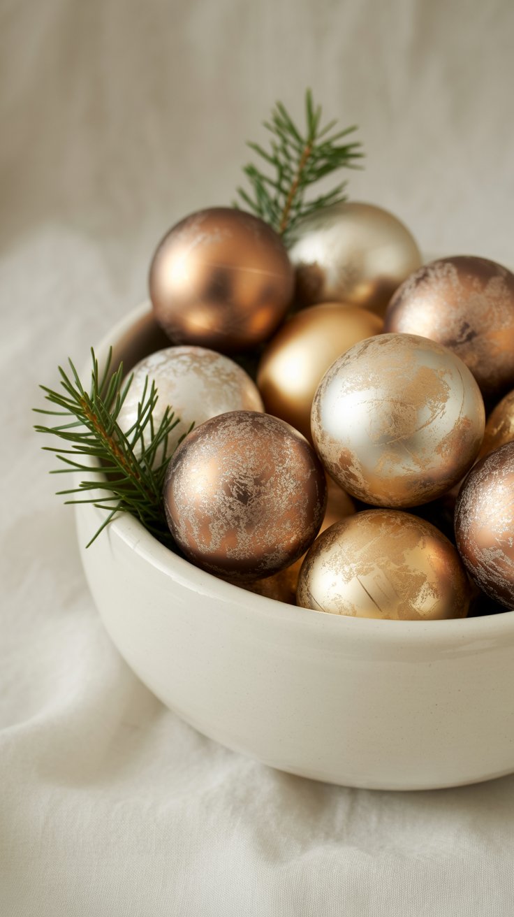 Close-up shot of a white bowl filled with several Christmas ornaments in varying shades of brown and cream,