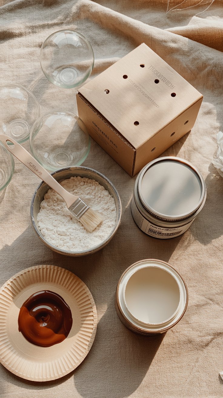 Flat lay of DIY Christmas ornament supplies on a neutral linen background