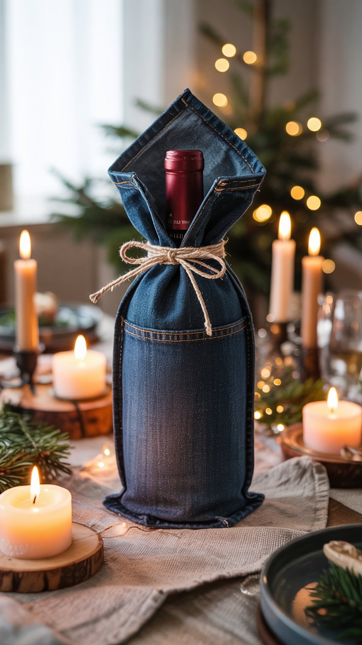 image of a wine bottle wrapped in recycled denim pair of jeans