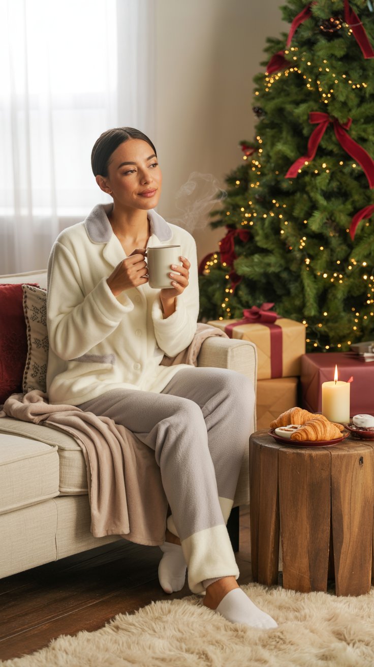 a woman sitting on christmas morning reflection