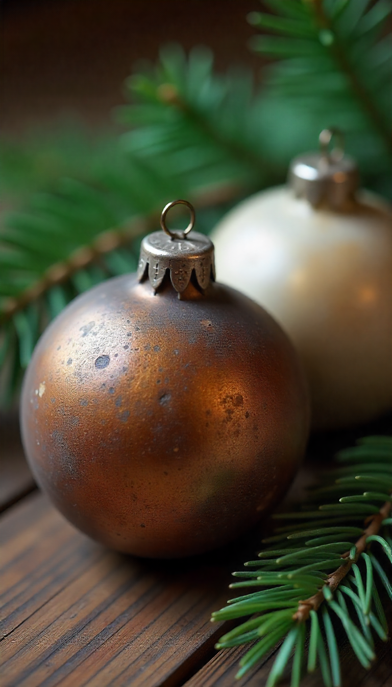 Close-up shot of two Christmas ornaments with a rustic, textured finish, set against a backdrop of green pine needles and a wooden surface.
