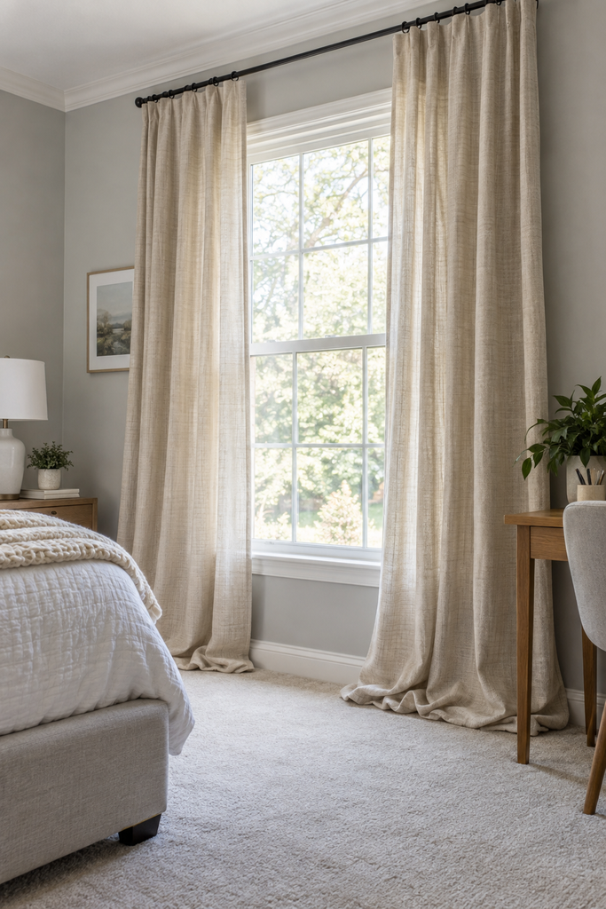 Long oatmeal linen curtains pooling on the carpet beside a grey upholstered bed and a small bedroom desk.