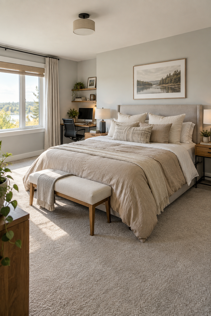Bright bedroom with a grey upholstered headboard, layered cream bedding, neutral carpet and a small computer workspace near the window.