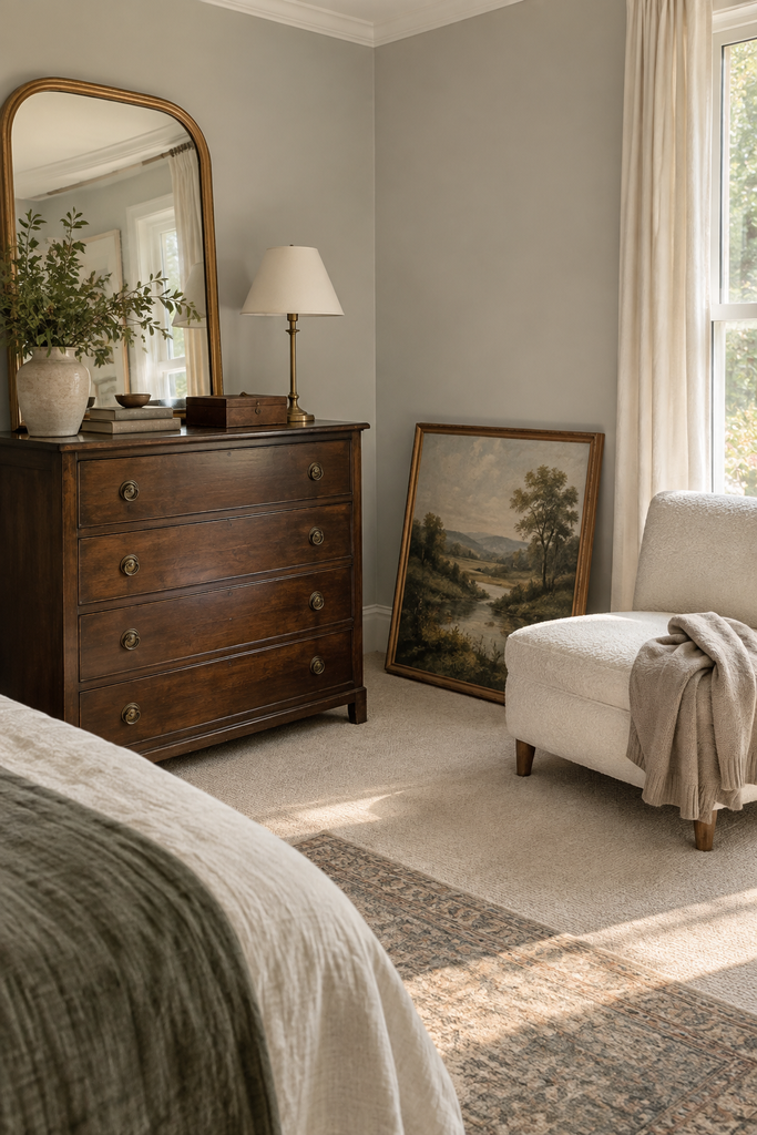 Dark wood bedroom dresser beside a cream upholstered chair and a framed landscape painting waiting to be hung.