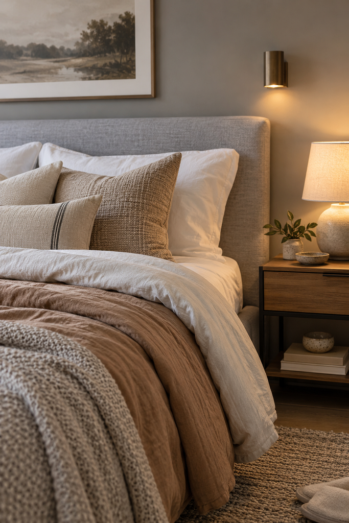 Close-up of a grey upholstered bed with white sheets, warm tan bedding, textured pillows, a wood nightstand and layered bedside lighting.