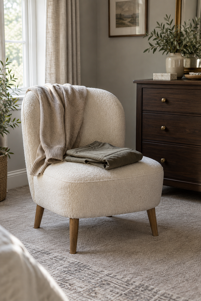 Cream armless bedroom chair holding a neutral sweater and folded trousers beside a dark wood dresser.