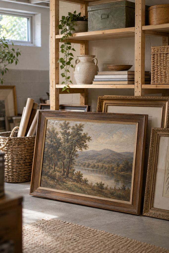 Framed vintage landscape painting discovered among stored artwork and decor on basement shelving.