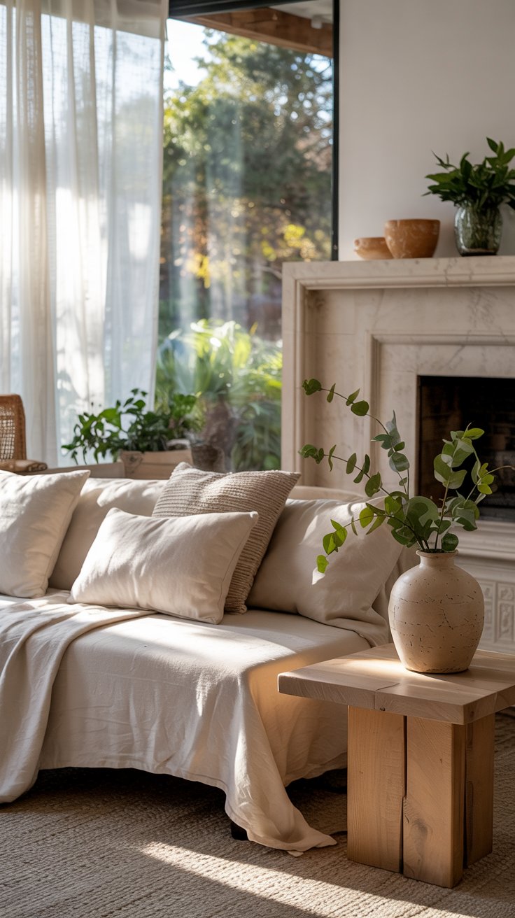 Serene nature-inspired living room, warm natural light, soft textures, minimal decor, relaxed and inviting atmosphere, organic modern interior photography.
