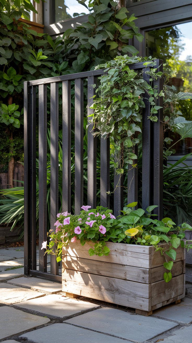 image of a DIY wood planter box and slotted privacy panel on a patio styled with lots of plants
