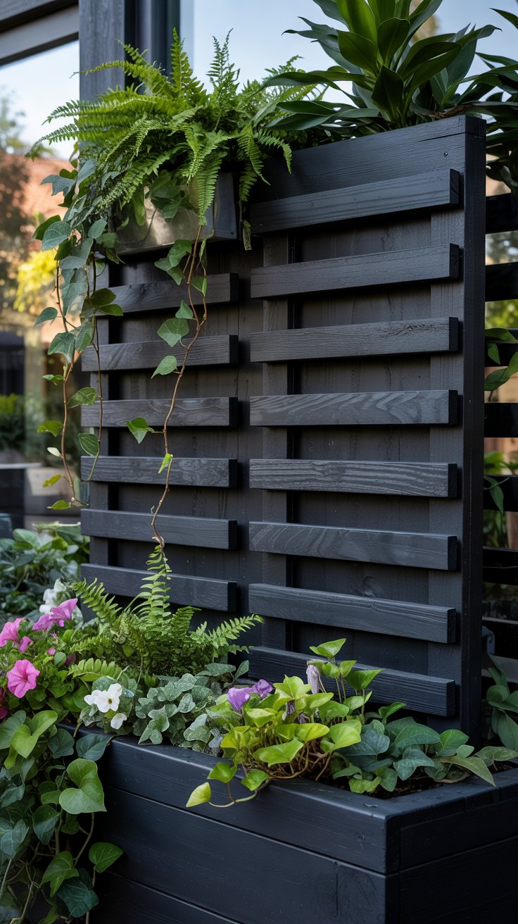 image of a DIY black painted wood planter box styled on a patio with lots of plants