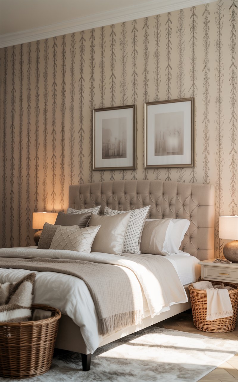 image of a neural bedroom with statement wall paper