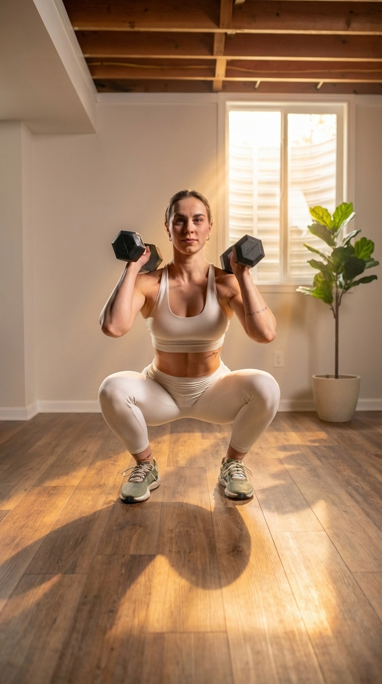 A woman doing strength training in a basement setting with soft sunlight streaming in 