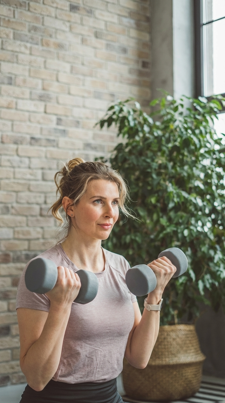 A woman doing an arm curl in her home