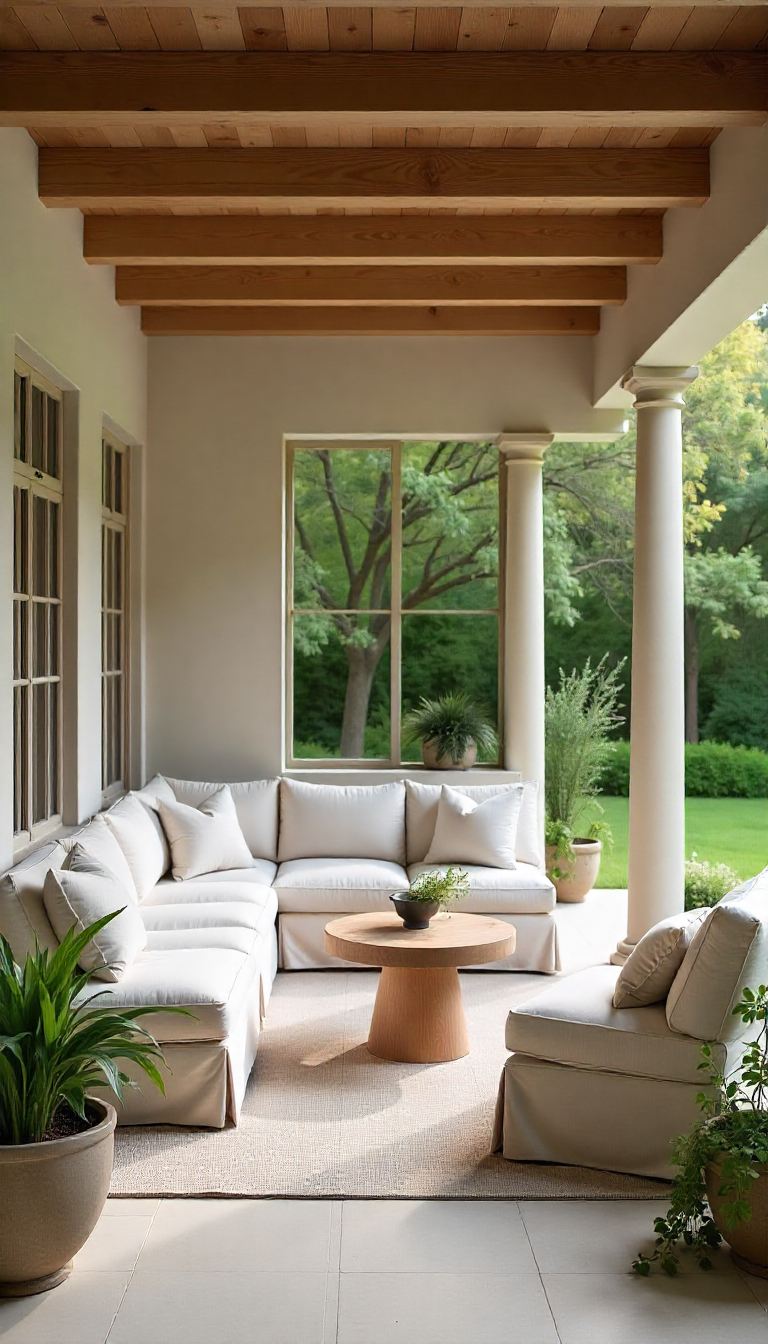 Calm nature-inspired home interior, organic modern aesthetic, warm neutral color palette (soft beige, sand, light taupe), layered natural textures (linen sofa, light oak wood, ceramic accents), subtle greenery used sparingly, natural daylight filtering through sheer curtains, soft shadows, peaceful and uncluttered styling