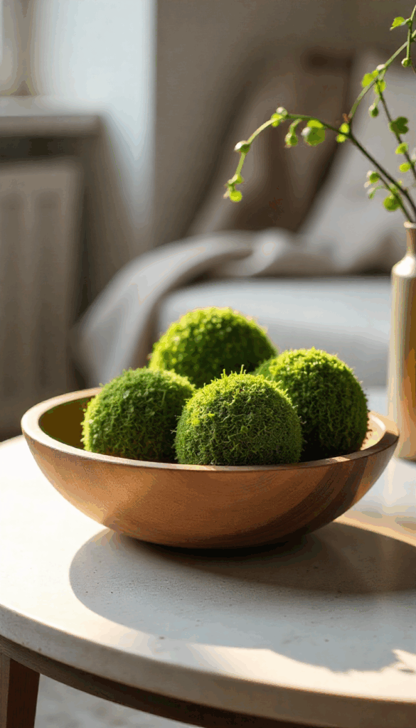 Shallow wooden bowl filled with moss-covered spheres on a neutral coffee table, soft natural light, organic modern decor, linen textures, calm minimalist styling