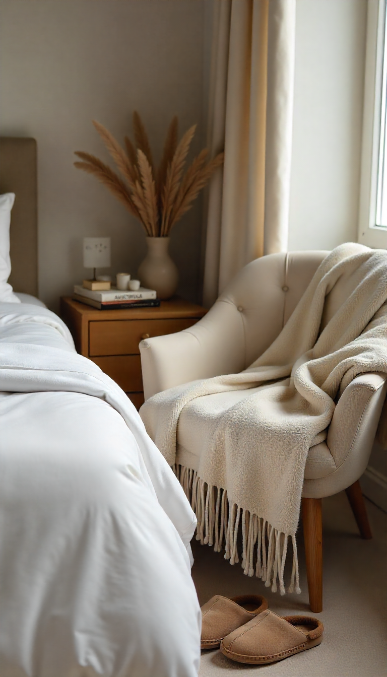 image of a bedroom with neutral blanket, throw blanket, sherpa slippers