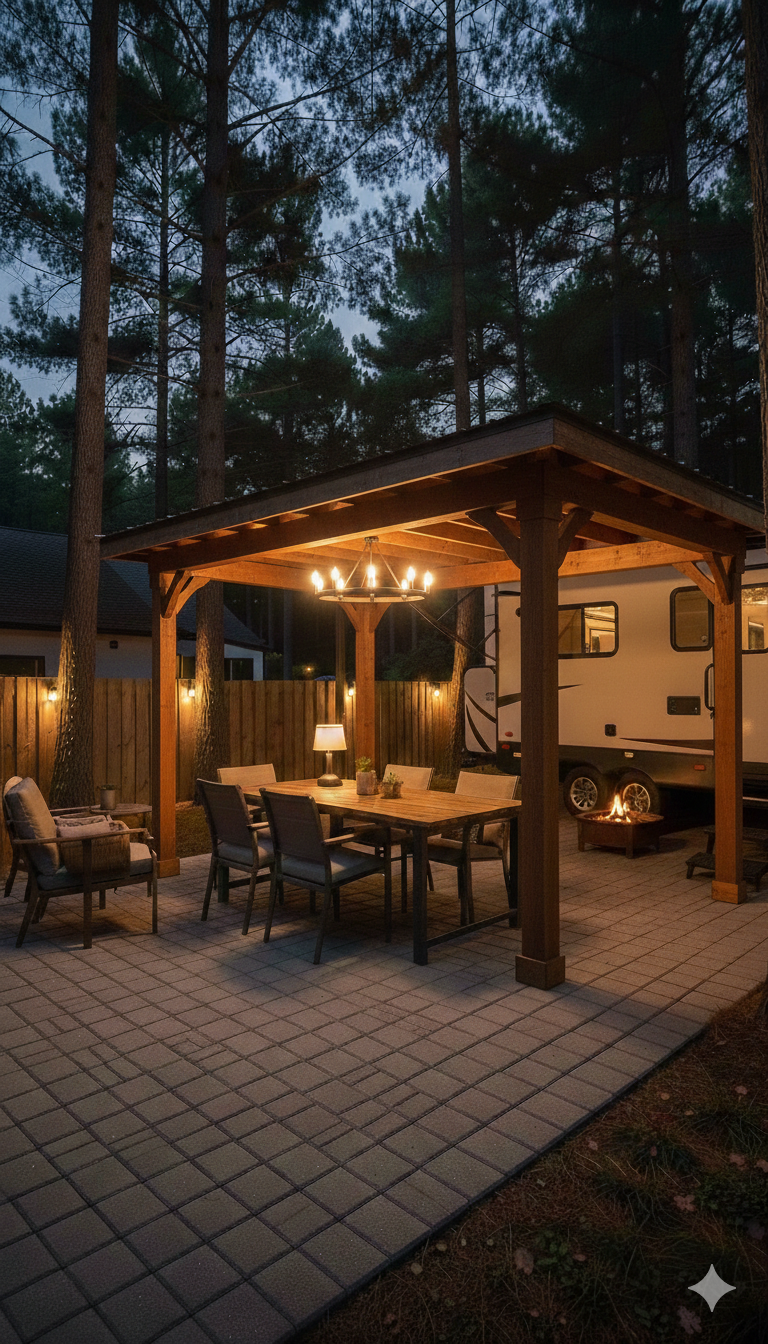 an outdoor space with layered lighting