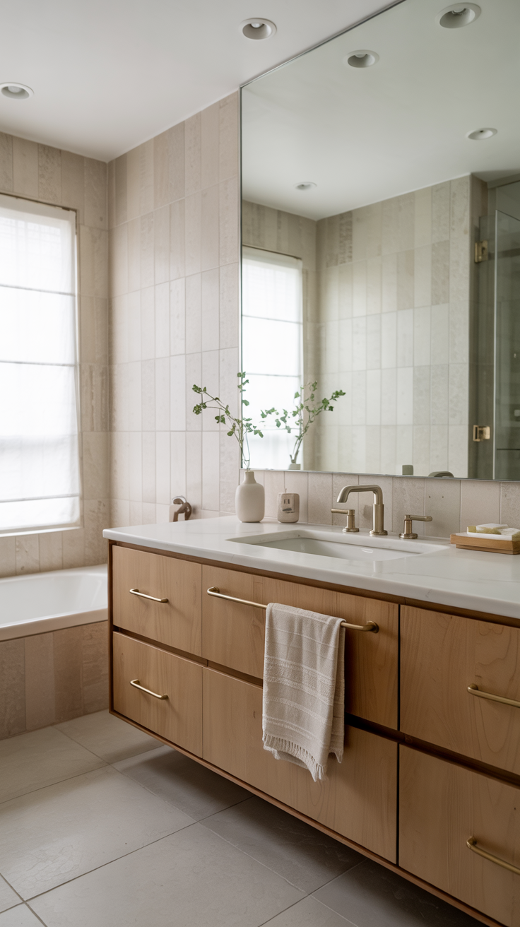 image of a neutral wood and stone counter top bathroom vanity 