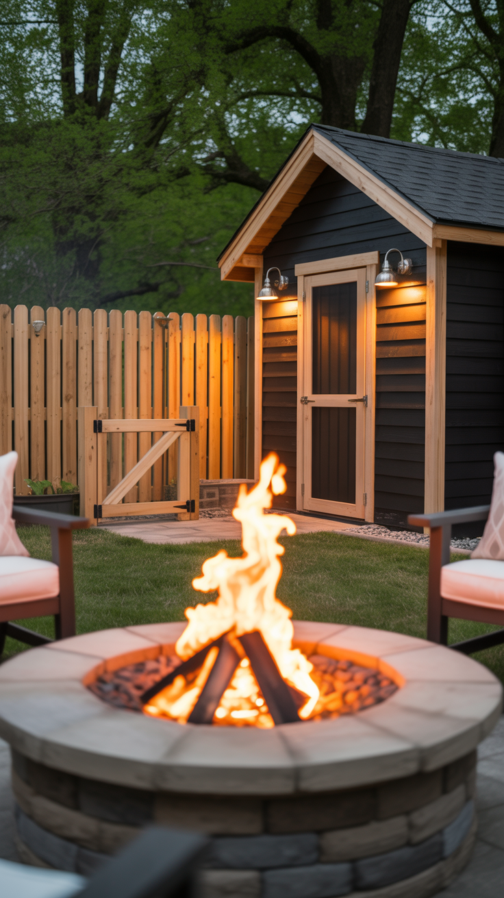 scene of a fire pit area with nice lighting