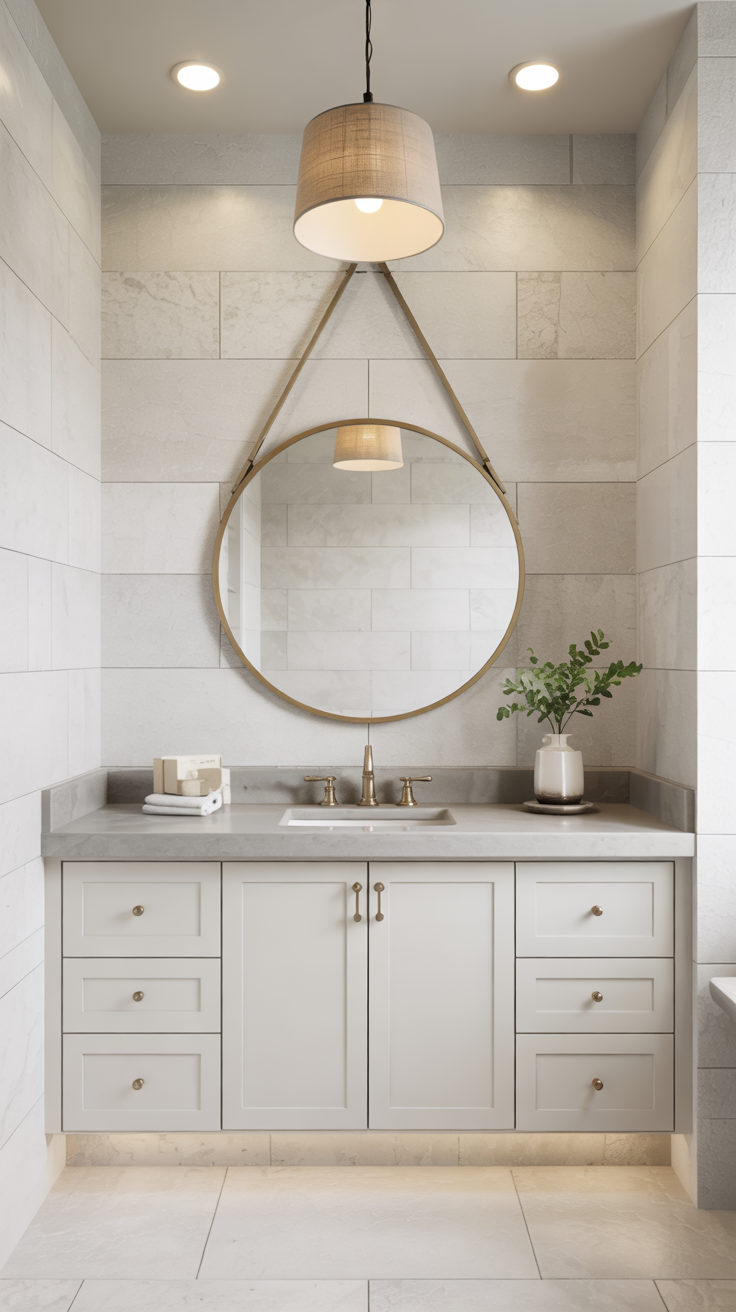 image of a neutral stone wall bathroom and unlit vanity 