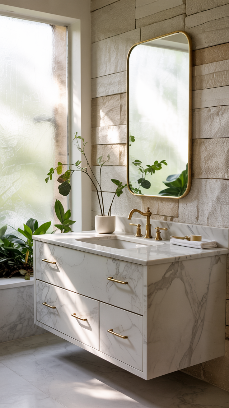 image of a neutral marble vanity and stone wall 