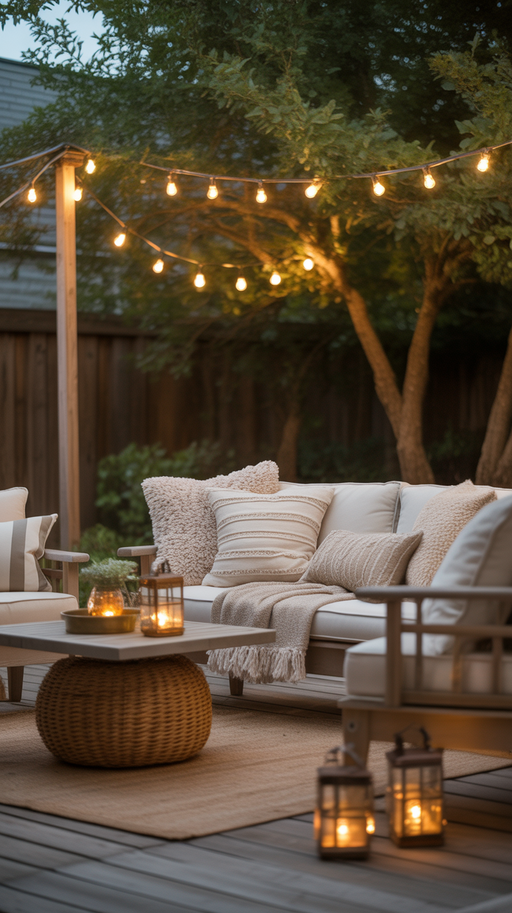layered lighting in a backyard at dusk