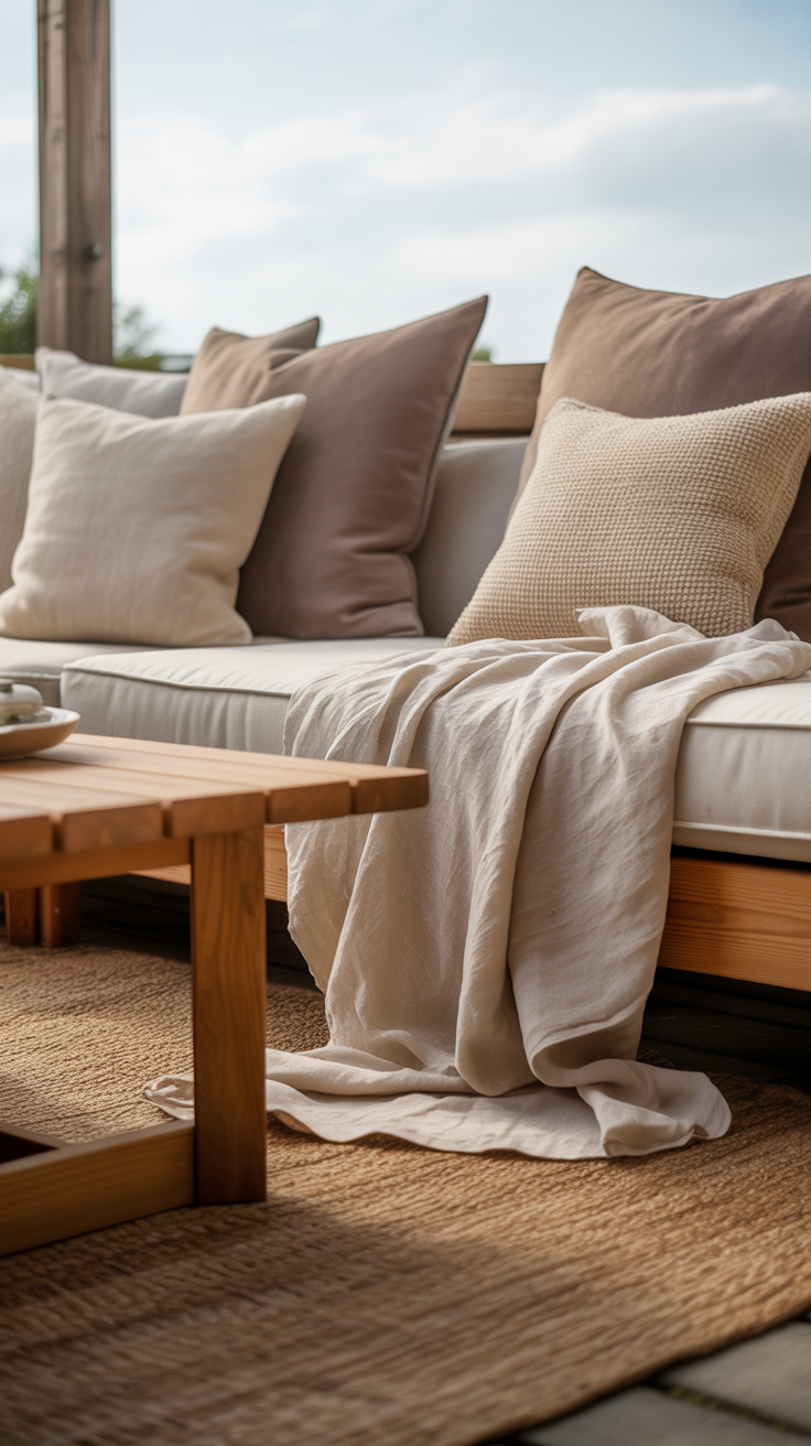 neutral layered pillows in an outdoor patio setting