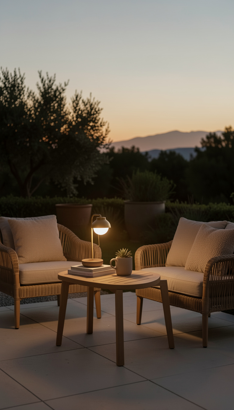 outdoor patio sunset with rechargeable lighting on a table
