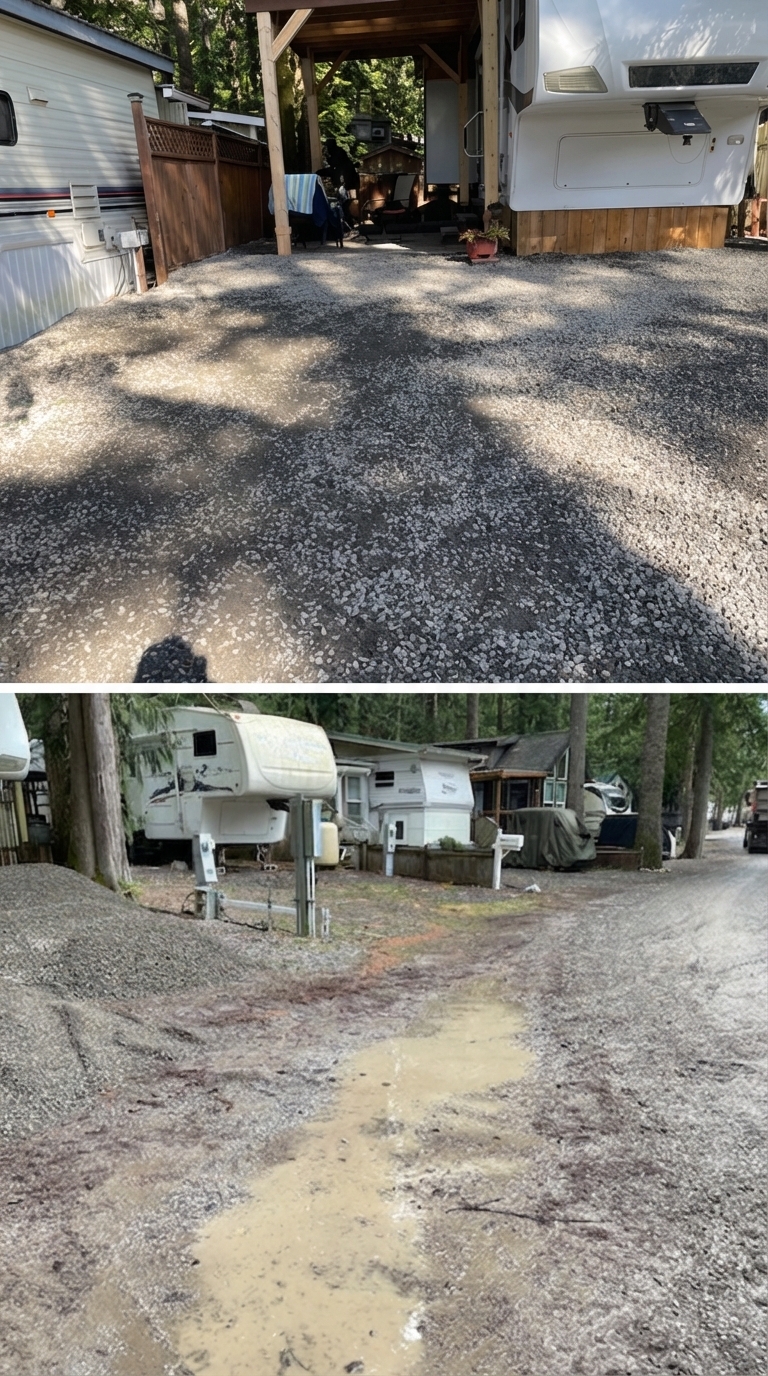 before and after image of a driveway with new gravel spread around
