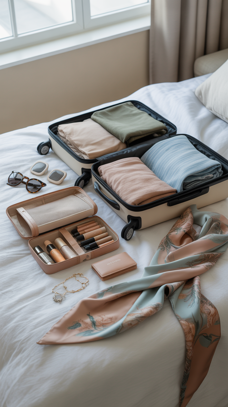 A beautifully organized travel packing scene with packing cubes