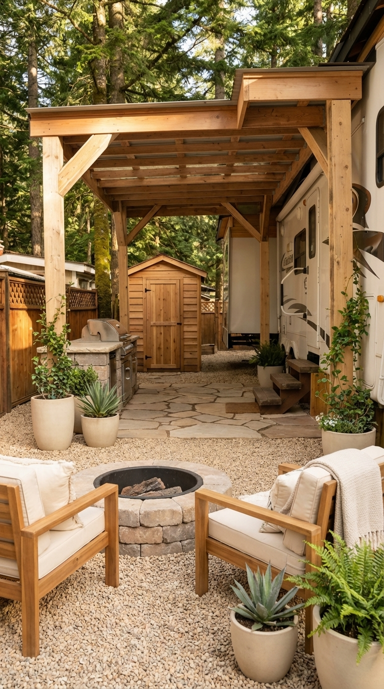 setting of newly renovated RV patio area with fresh gravel and a fire pit