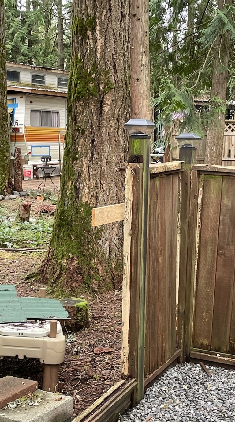 DIY ranch fence project progress with modern rustic wood panels on a small rural property