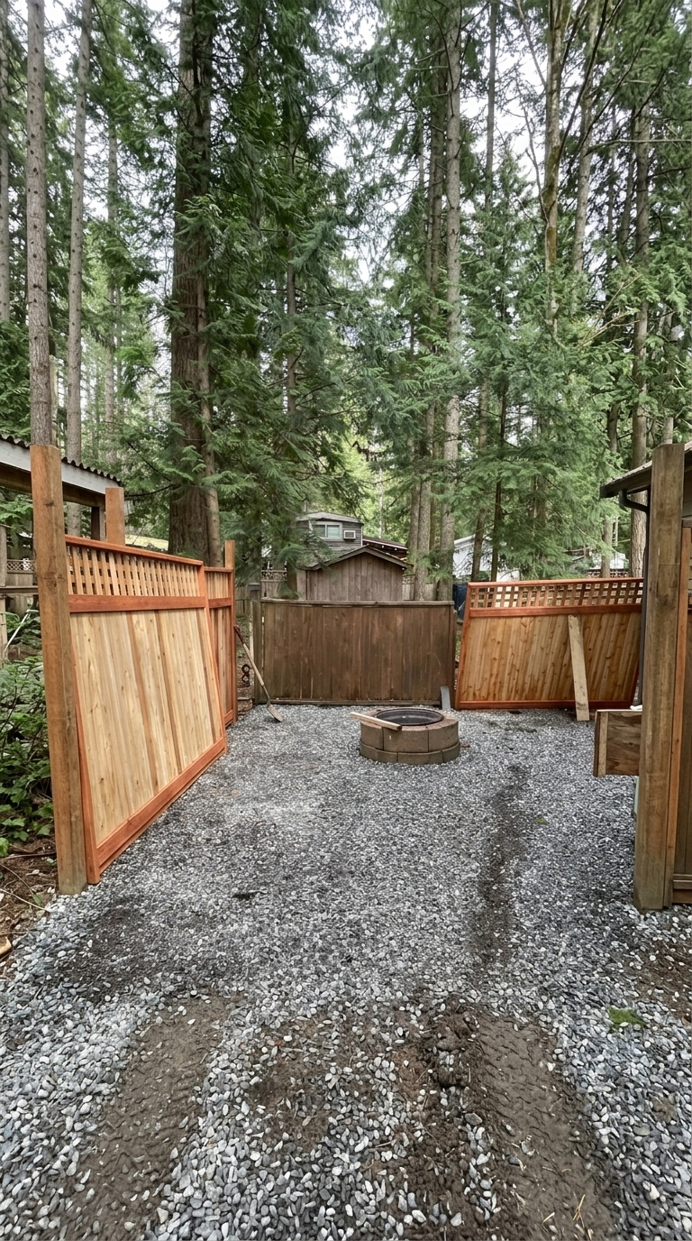 DIY ranch fence project progress with modern rustic wood panels on a small rural property