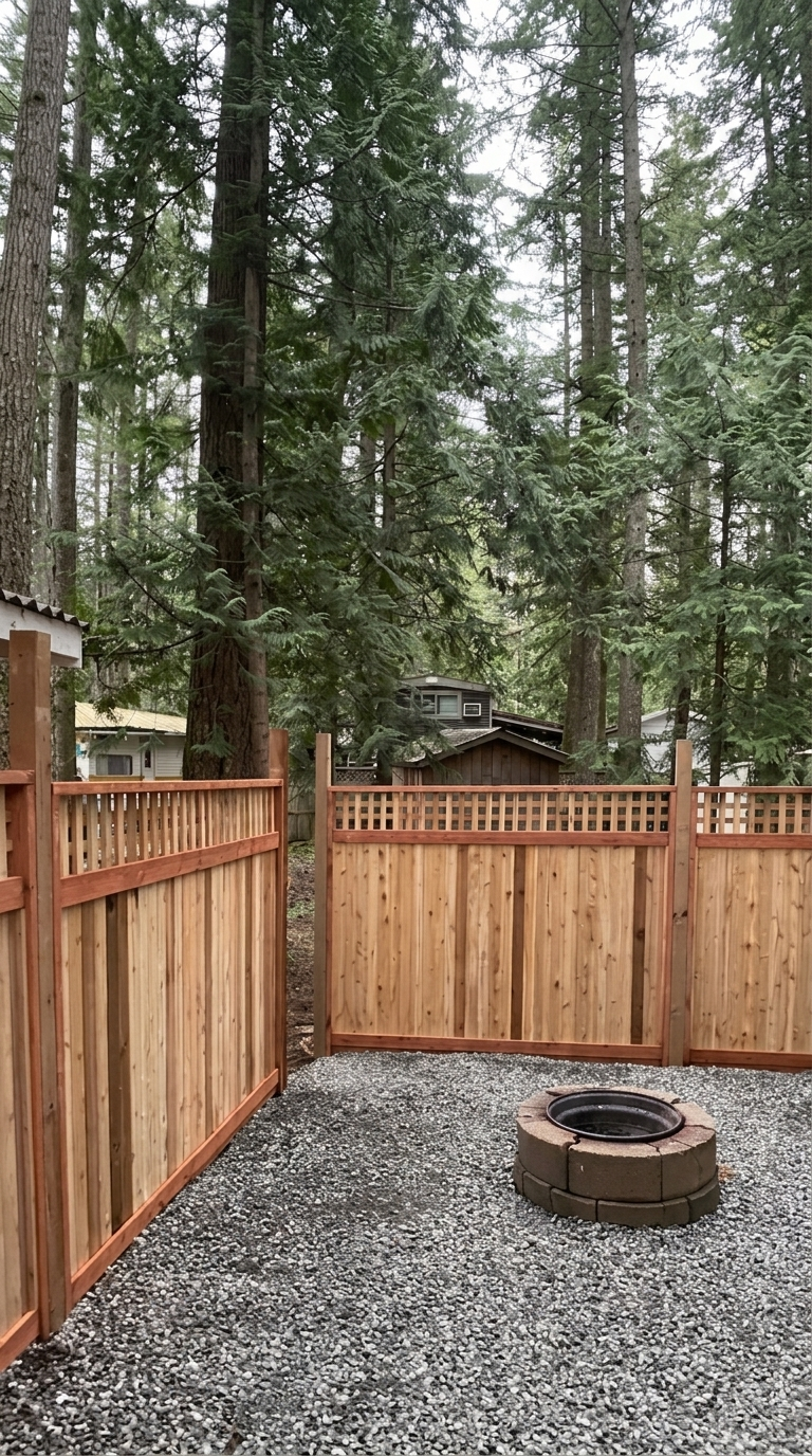 DIY ranch fence project progress with modern rustic wood panels on a small rural property