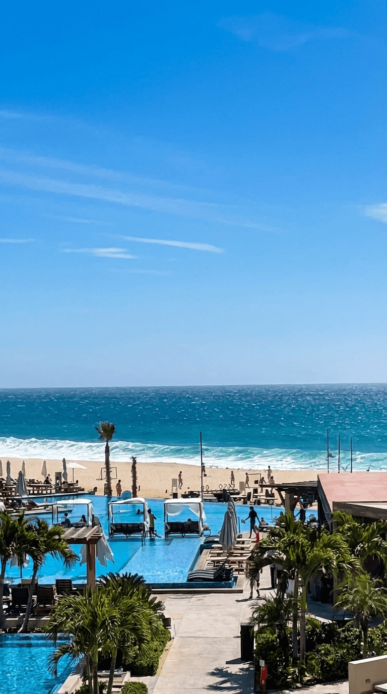 Cabo San Lucas all inclusive resort pool overlooking the beach and ocean