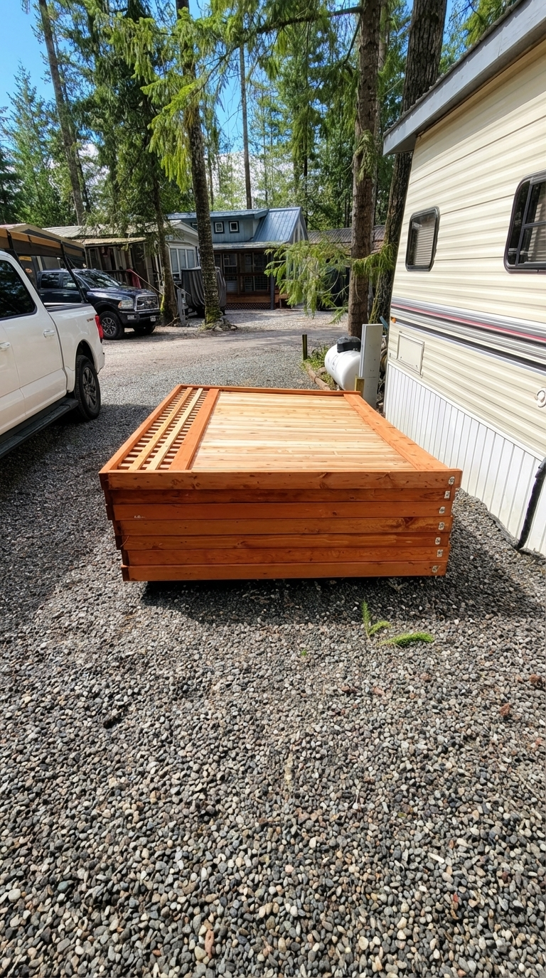 a stack of cedar fence panels delivered in a driveway